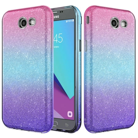 For Samsung Galaxy J7V, J7 (2017), J7 Sky Pro, J7 Perx, Ultra Slim Glitter Sparkle Rubber Cover w/ reinforced Hard Shell - Hot Pink