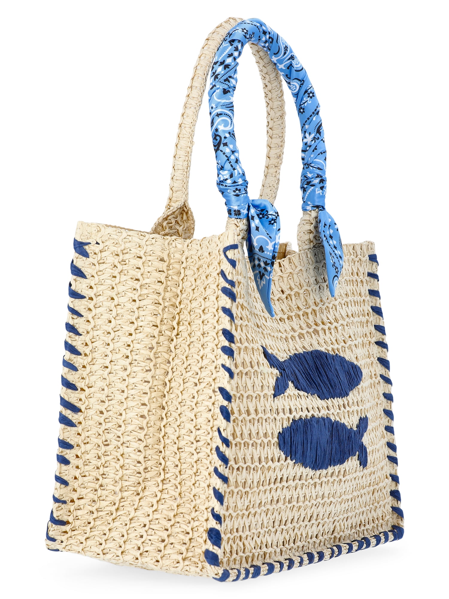 No Boundaries Women's Beach Icons Mini Straw Tote Bag, Light Natural with Fish Embroidery