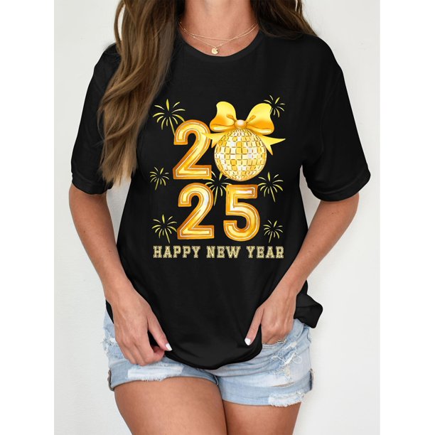 2025 Happy New Year Fireworks Women's T-Shirt - Comfortable Casual Crew Neck Short Sleeve, Suitable for Daily and Party Wear, Printed Sports, Best Choice for Christmas