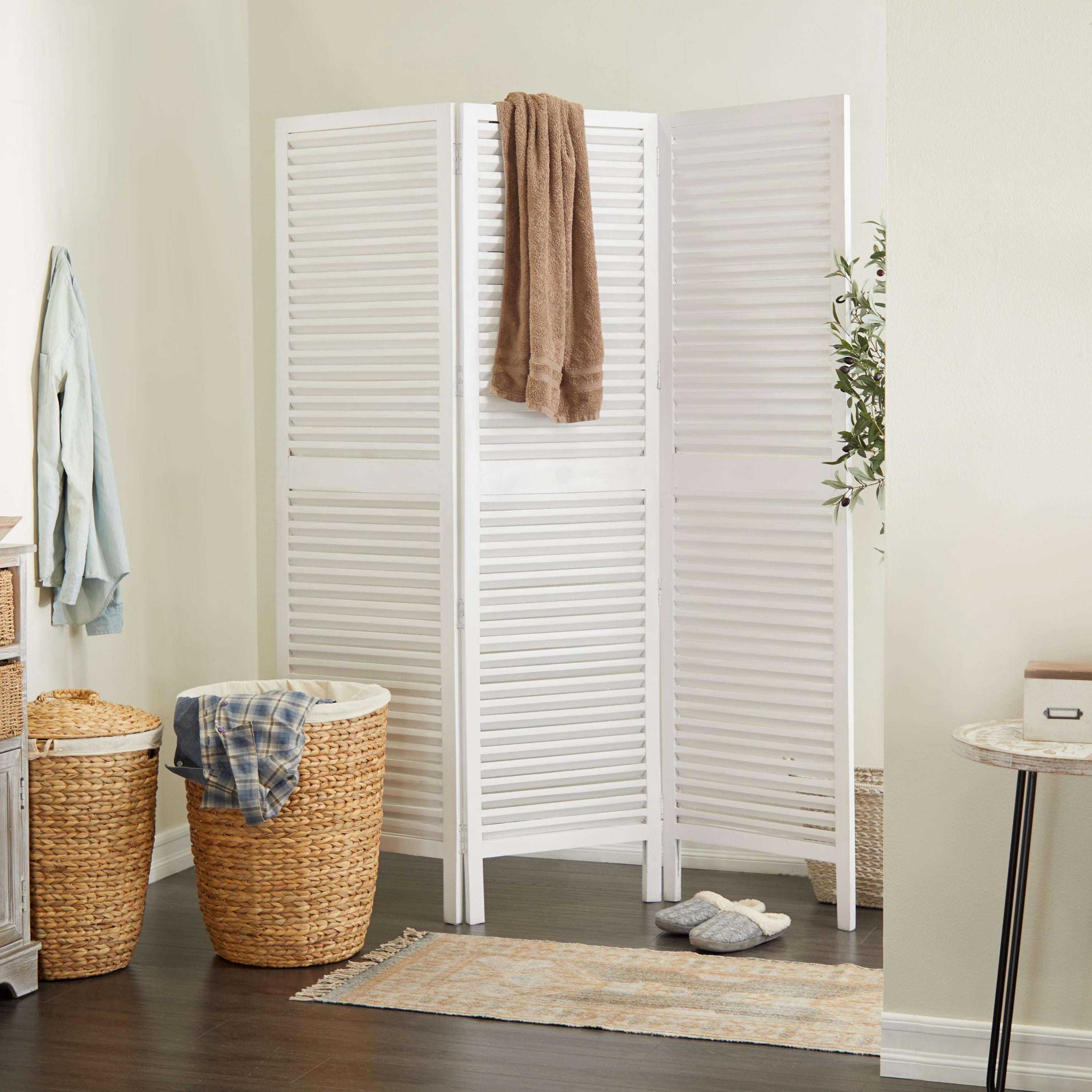 DecMode 60" x 72" White Wooden Hinged Foldable Partition 3 Panel Room Divider Screen with Horizontal Slats, 1-Piece