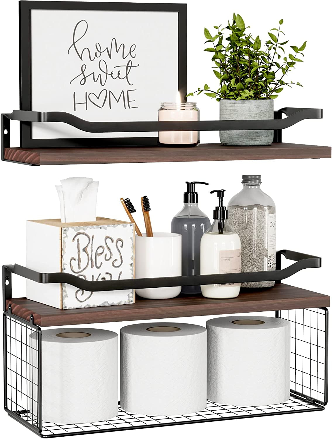 Floating Shelves with Wire Storage Basket, Bathroom Shelves Over Toilet with Protective Metal