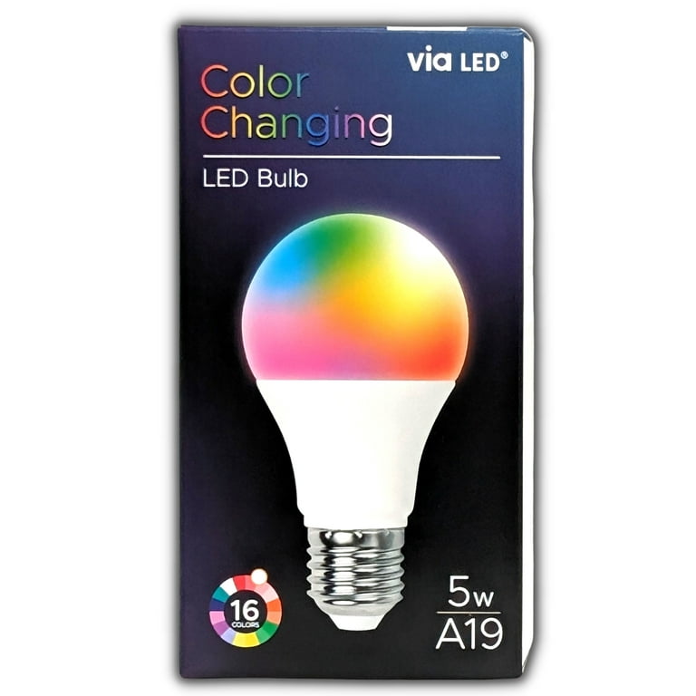 2 - VIA Color Changing LED Bulb, 5W A19, RGB 16 Colors, Built in
