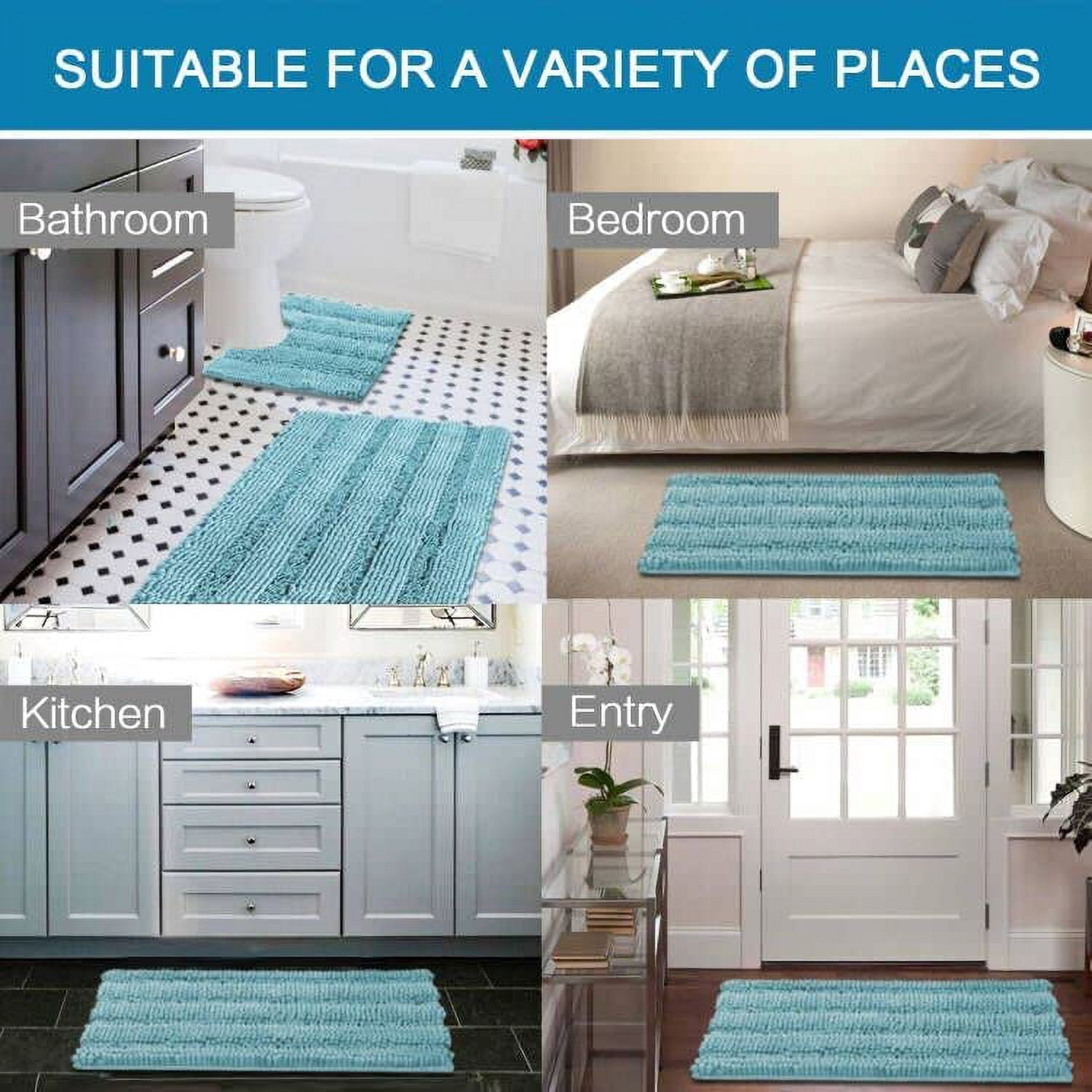Bathroom Rugs Set 2 Piece Bathroom Contour Rug Toilet Mat Sets, Non Slip, Contou,r Ultra Thick, Water Absorbent, Striped Bath Rug, Washable(20" x 32" Plus 20" x 20" U, Aqua Haze)