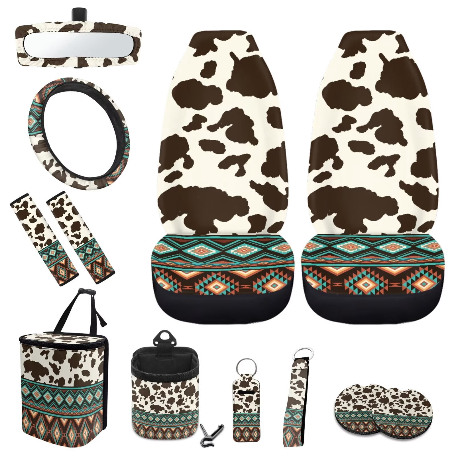 KUIFORTI Cow Print Auto Seat Covers for Women Native American Tribal Car Seat Protector Interior Set with Steering Wheel Cover +Coasters+Keychain+Interior Mirror Cover+Chapstick Holder+Car Trash Bag