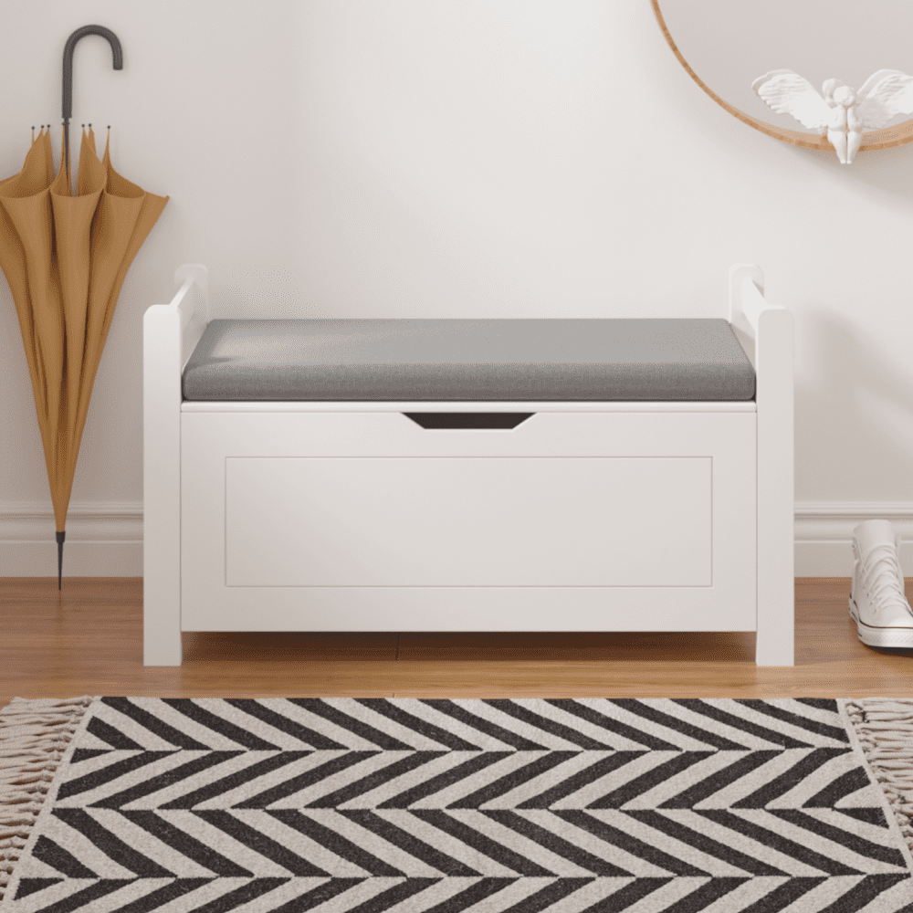 IVV 35"W Storage Chest, Wooden Storage Bench with Seating Cushion, Lift Top Toy Chest with Safety Hinges, Entryway Shoes Bench for Living Room, Bedroom, White