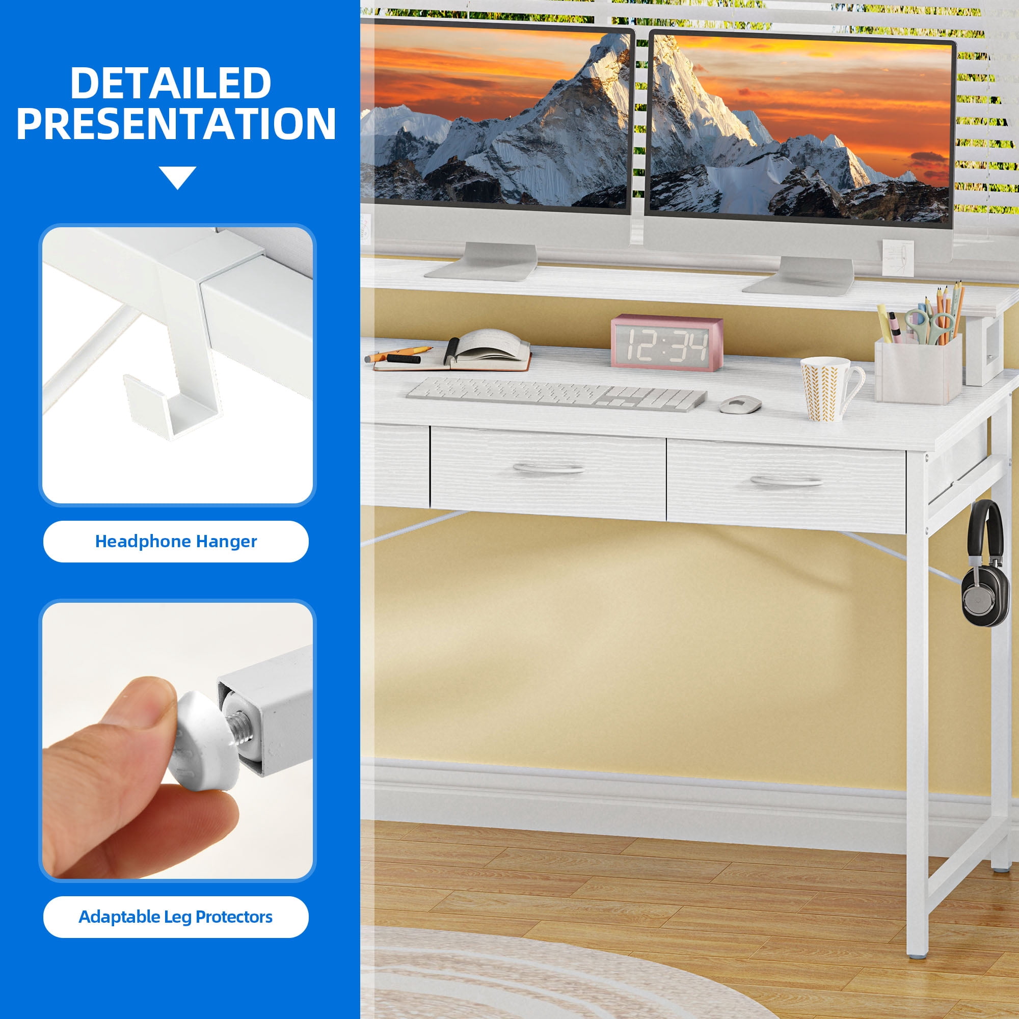Uforic 40" Computer Desk with Monitor Stand & 3 Drawers, Modern Small Study Desk with Hooks , Home Office Desk Writing Desk for Small Space,Living Bedroom, Gaming, White