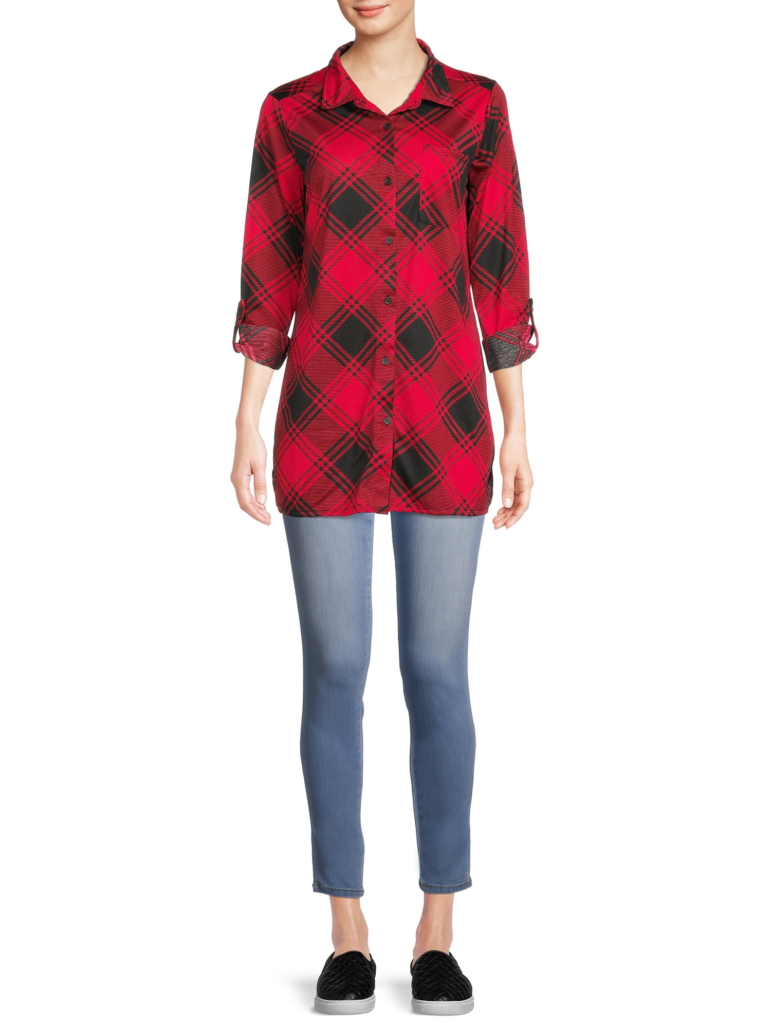New York Laundry Womens Roll Cuff Plaid Tunic Top with Long Sleeves
