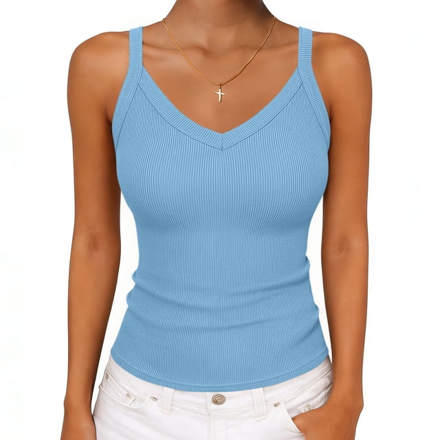 Pounoo Camisoles for Women Rib Knit V Neck Spaghetti Strap Sleeveless Cami Top Slim Fit Stretchy Fitted Basic Layering Tops Gift