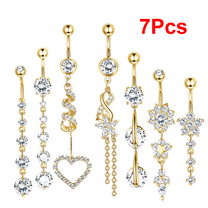 7 Pcs Dangle Belly Button Rings for Women 316L Surgical Steel Curved Navel Barbell Body Jewelry Piercing