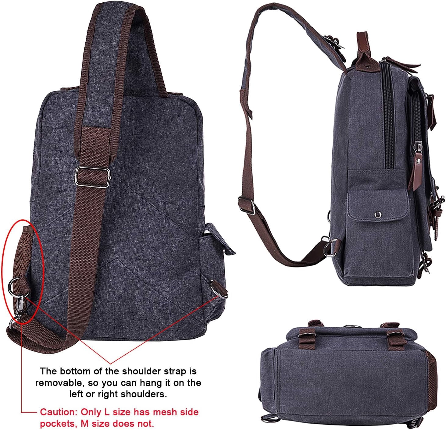 Canvas Cross Body Messenger Bag for Men Women Sling Shouler Backpack Travel Rucksack Black-Large