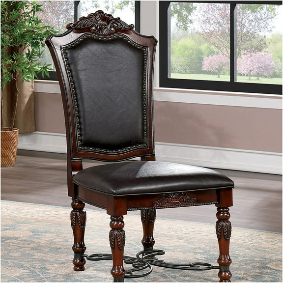 JERFIT Traditional Dining Side Chairs Set of 2, Brown Cherry Finish Solid Wood with Black Leatherette Upholstery, Scroll Carved Accents for Elegant Dining Room