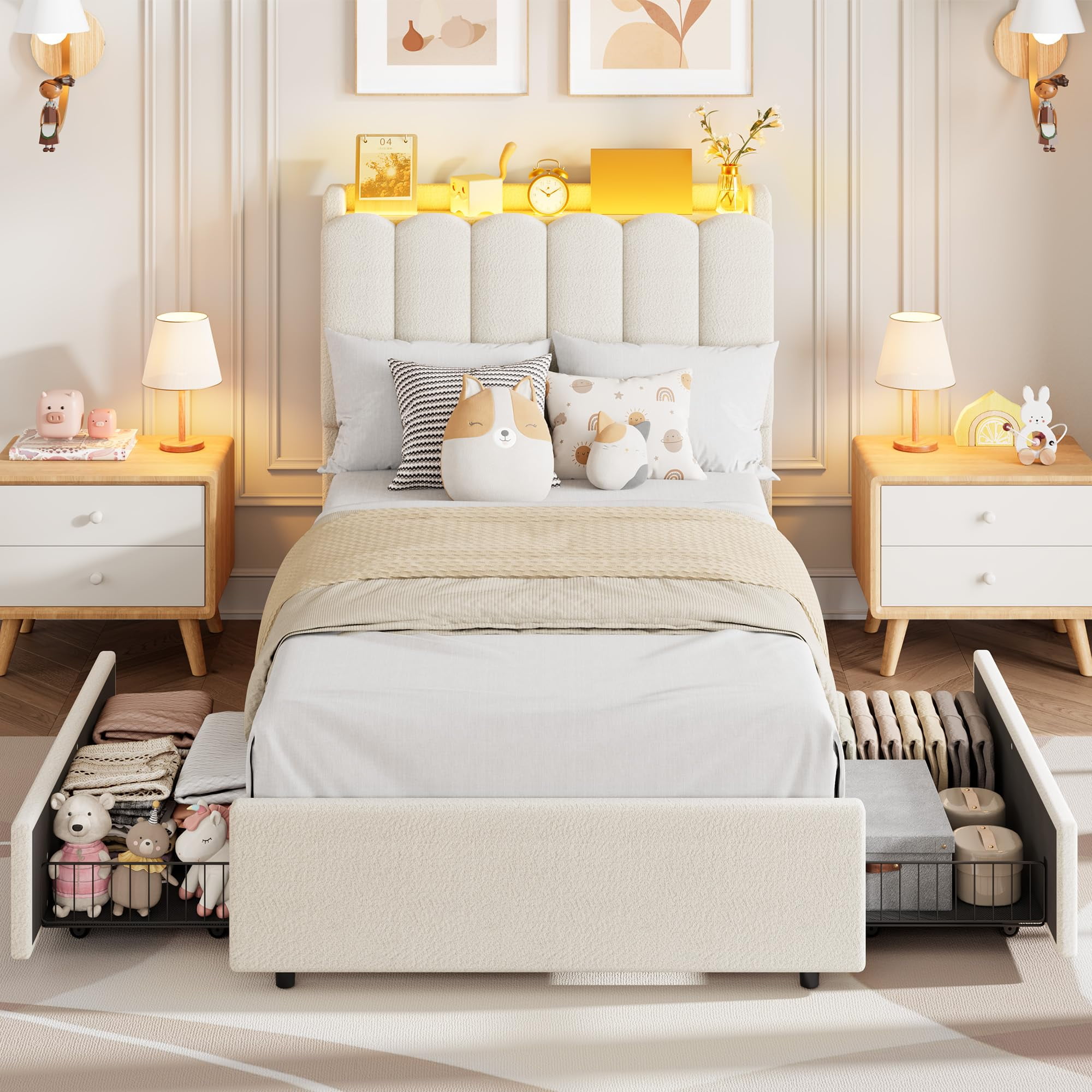 Bed Frame with 2 Storage Drawers, Upholstered Bed Frame Queen Size with LED Lights Headboard, No Box Spring Needed, Easy Assembly