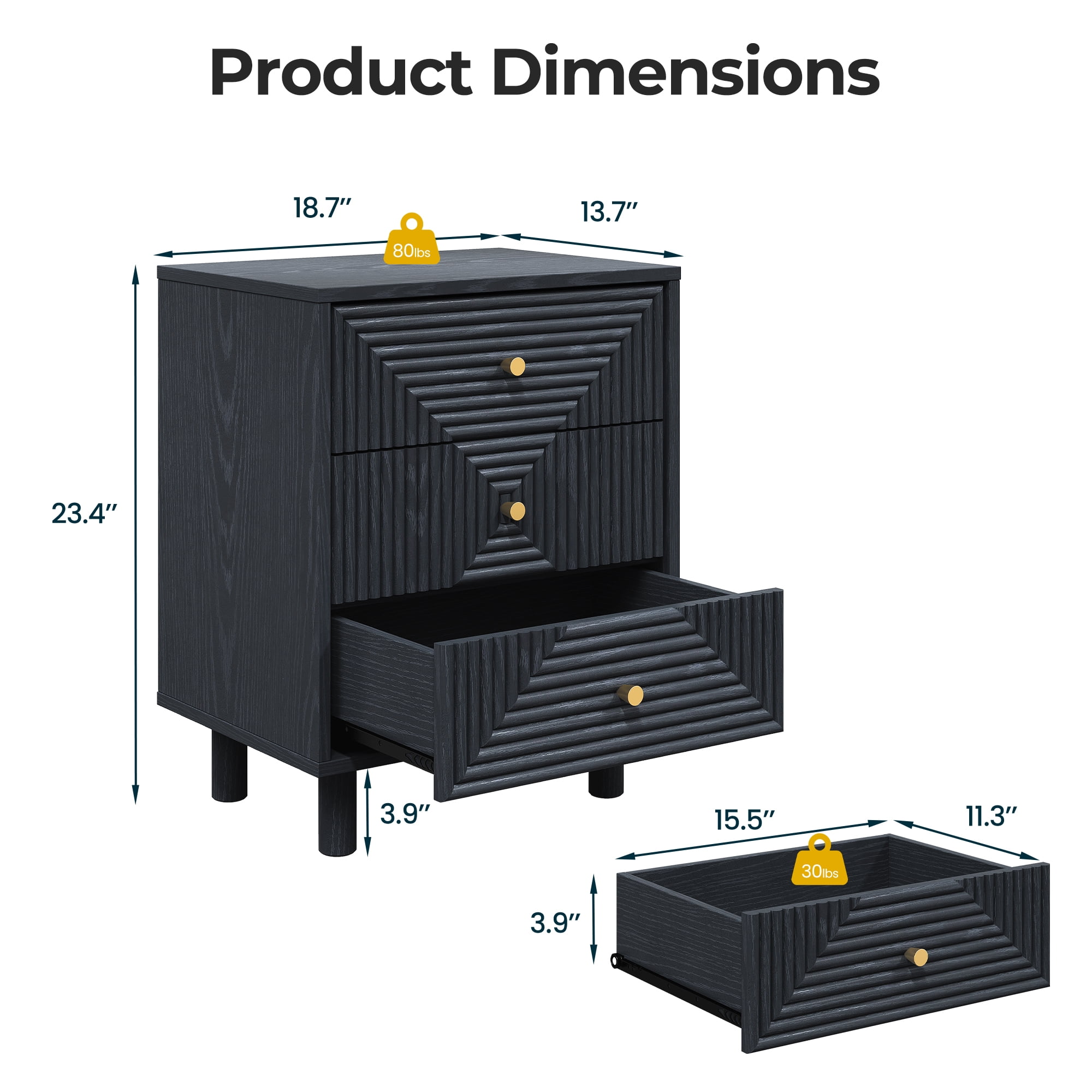 May in Color 3-Drawer Nightstand Set of 2 with Solid Wood Legs and Gold Handles, Wooden Storage Nightstand Side Table, Accent Chest of Drawers for Bedroom, Living Room, Entryway, Black