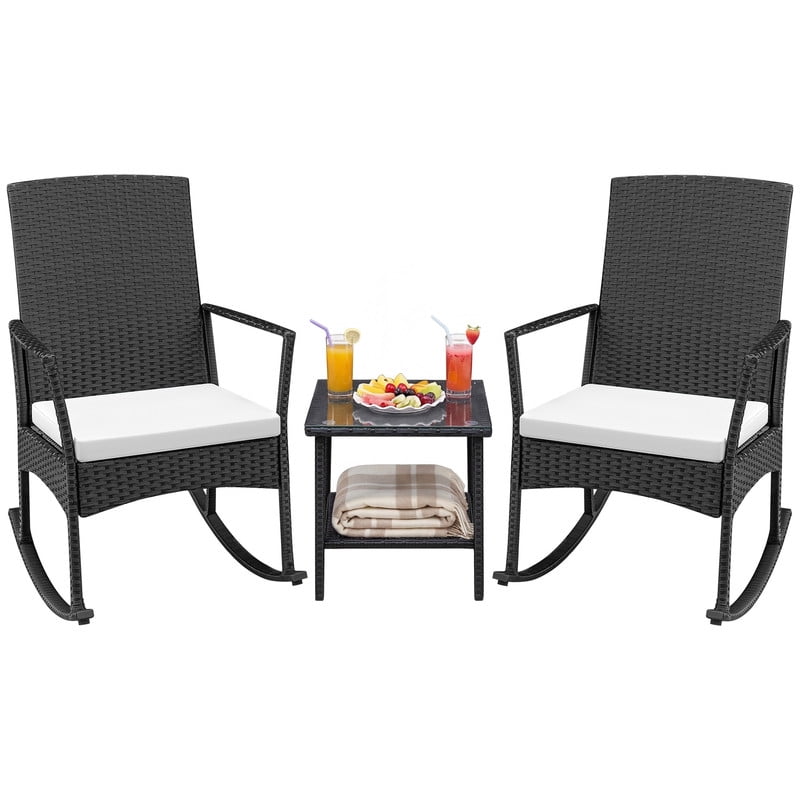 Devoko 3 Pieces Patio Rattan Rocking Chair Set with Cushion and Table Outdoor Porch and Garden Furniture, Beige