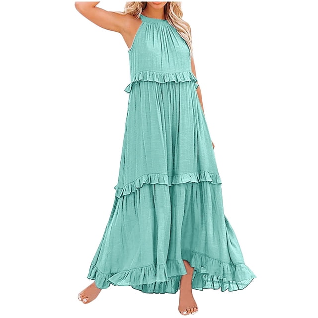 Zmoon Women's Bohemian Long Solid Color Sleeveless Halter Neck Ruffle Beach Style Dress
