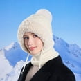 thumbnail image 7 of Women’s Knitted Beanie Hat with Face Cover - 3 in 1 Winter Balaclava with Mask Scarf Ear Muffs Pompom Fleece Lined Snow Caps Winter Gifts for Women Beige, 7 of 7