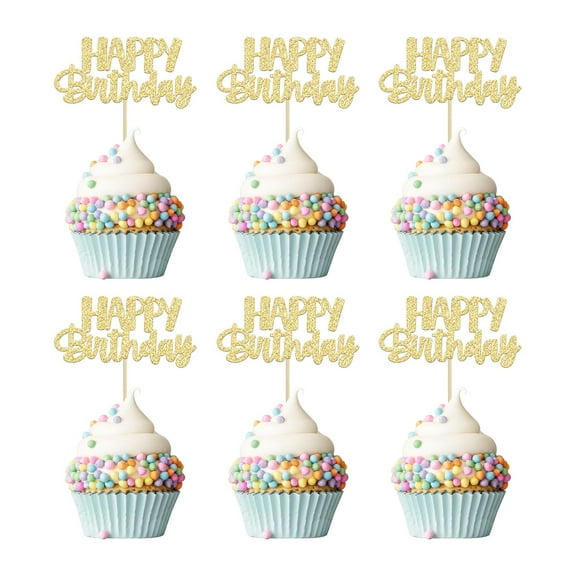 12pcs Happy Birthday Cupcake Toppers Gold Glitter Celebrating Birthday Cake Picks Baby Shower Kids Birthday Party Decoration Supplies