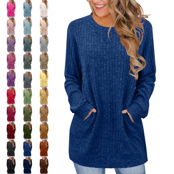 Tops for Women Ribbed Knit Crewneck Long Sleeve Tunic Sweater with Side Pockets Cozy Comfort Fit for Transitional Weather