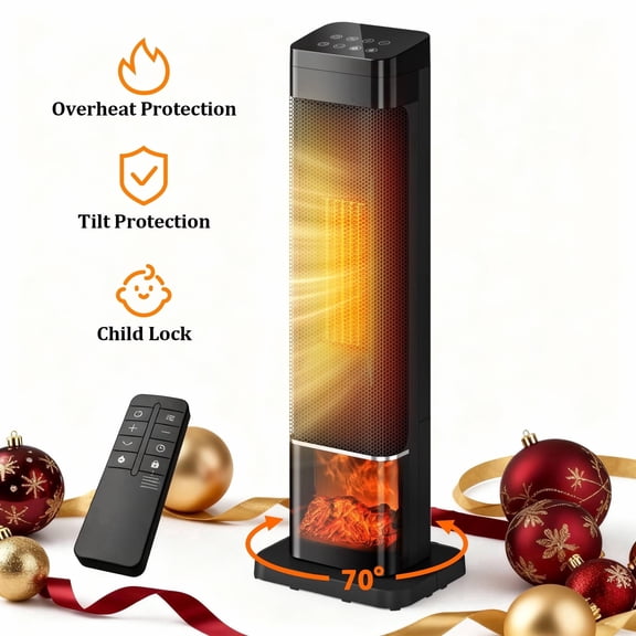 UrbanSync 25" 1500W Tower Space Heater with 4 Modes, 3D Flame, LED Display, Tower Heater with 70 °Oscillation, 24 Hour Timer and Child Lock, for Living Room, Office, Bathroom (Black)
