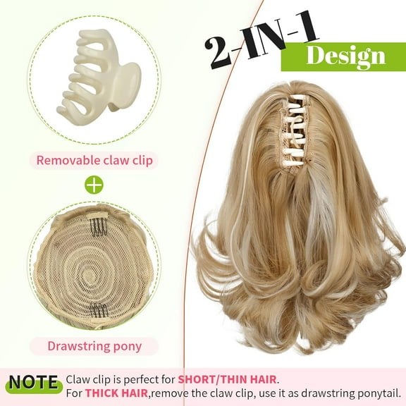 WEIF-Ponytail Extension, 10" Short Claw Clip in Pony Tails Hair Extensions Curly Wavy Synthetic Drawstring Hairpieces for Women Honey Blonde with Ash Blonde Highlights