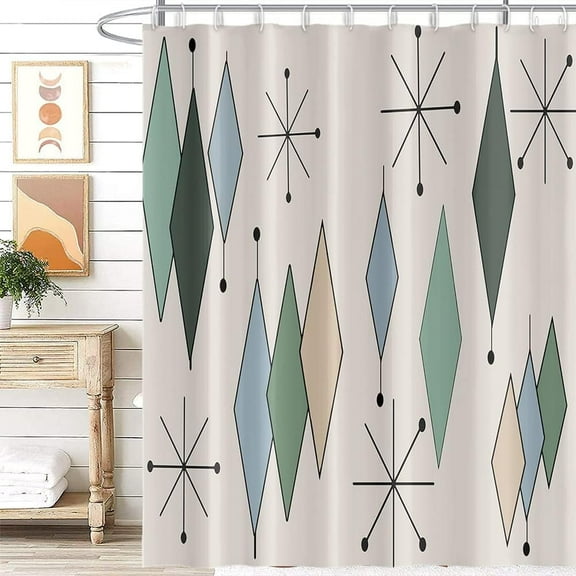 Mid Century Shower Curtain Modern Abstract Diamond Geometric Atomic Starburst Pattern for 1950s Retro Bathroom Decor Accessories Shower Curtain Set with 12 Hooks, 72x84 Inches