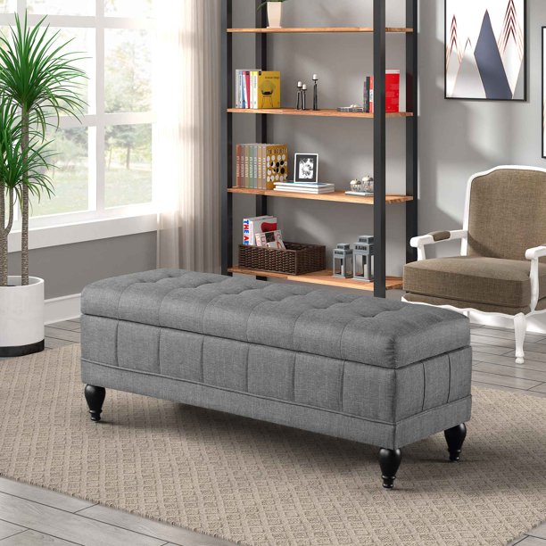 Clamshell Storage Bench, Rectangular Upholstered Footstool with Wood