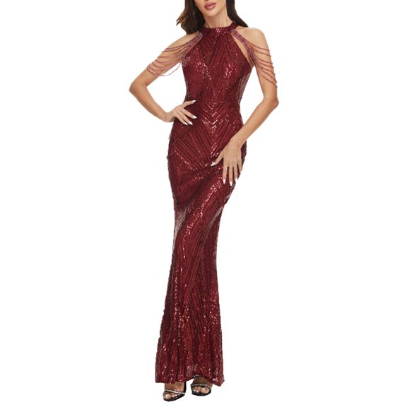 Blmnix Bodycon Womens Dresses Prom Dress Sequin Dress Petticoat Crew Neck Sleeveless Red Long Adjustable Waist Spring Dresses for Women,XL