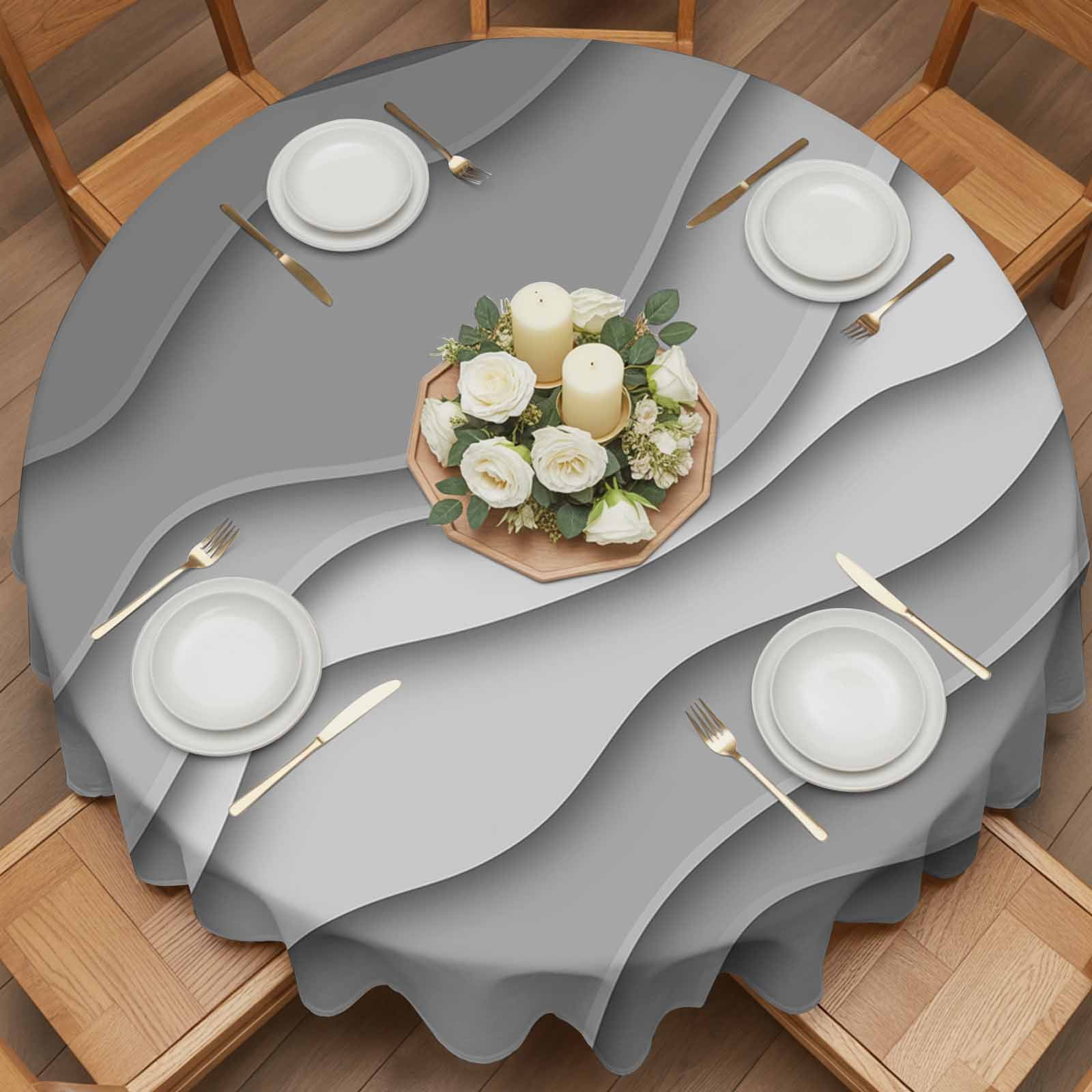 Round Tablecloth Black Gray Beach Coastal Waterproof Oil Proof Polyester Table Cloth Cover Decor for Home Dining Outdoor,Patio,Parties, 60" Dia. Abstract Geometric Ocean Waves