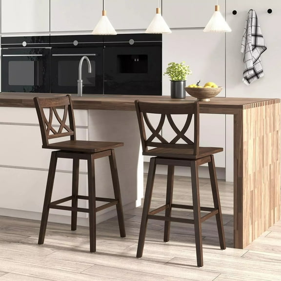 Auranook 29" Bar Stool Set of 2, Wooden Bar Chairs with Rubber Wood Frame, Swivel Seat, Footrest & Ergonomic Backrest, Bar Height Stools