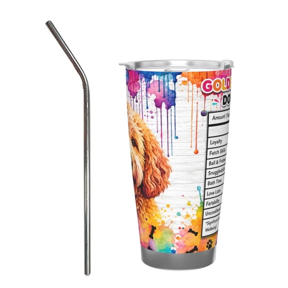 20oz Goldendoodle Dog Facts Insulated Tumbler with Handle and Straw Colorful Travel Cup Gift for Dog Lovers with Stainless Steel Straw