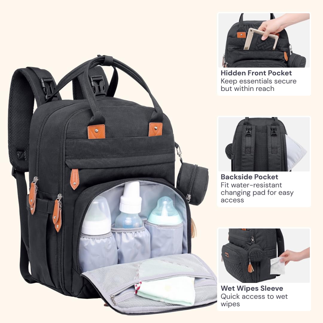 BabbleRoo Diaper Bag Backpack, Multifunction Original Baby Diaper Bag with Insulated Pockets, Black