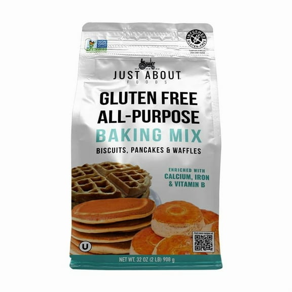 Just About Foods Gluten-Free All-Purpose Baking Mix, 32 oz (2 lb), 1:1 Wheat Flour Substitute, Pancakes, Waffles, Cakes & More
