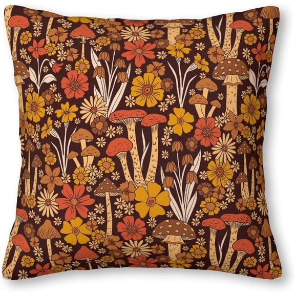 Retro 1970s Brown & Orange Mushrooms & Flowers Velvet Throw Pillow Covers Sofa Pillowcase Car Square Throw Pillowcases Home Decoration 18x18Inch
