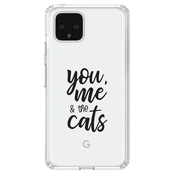 DistinctInk Clear Shockproof Hybrid Case for Google Pixel 4 (6.1" Screen) - TPU Bumper Acrylic Back Tempered Glass Screen Protector - You, Me & the Cats