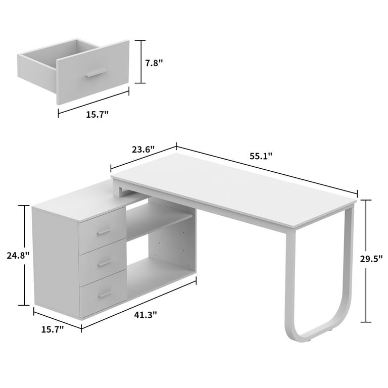 Reversible L-Shaped Desk Computer Desk with Drawers & Shelf Ample Storage - FUFUGAGA White