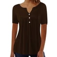 thumbnail image 1 of Womens Pleated Tunic Tops, Short Sleeve Button V-Neck Solid Color Loose Fitting T-Shirt Blouse Tops Workout Tops Coffee XL, 1 of 7
