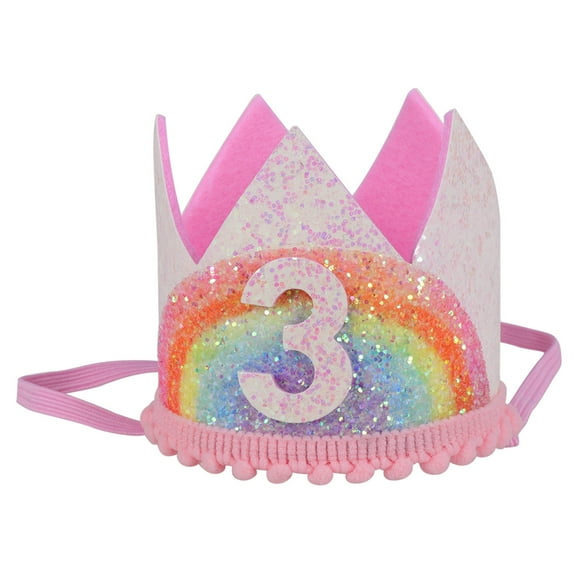 EeaseMX Adorables sombreros de cumpleaños para bebés, cumpleaños, corona de arco iris, diadema, suministros para fiestas, accesorio para fotos (blanco y arcoíris, encaje rosa, 3 estilos)