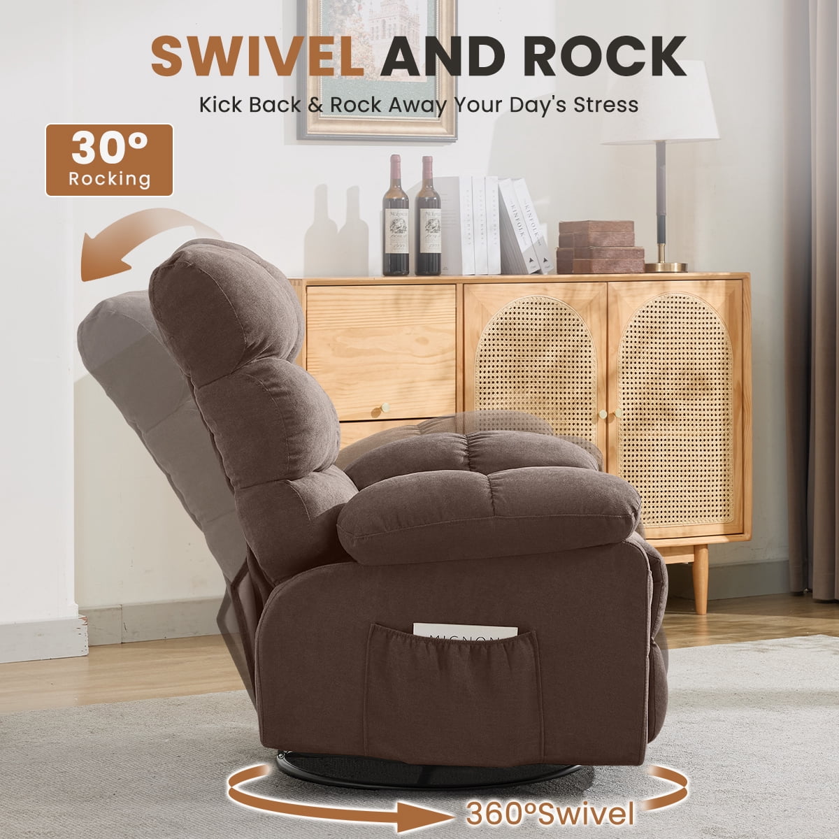 360° Swivel Manual Rocker Recliner Chair with Side and Front Pockets