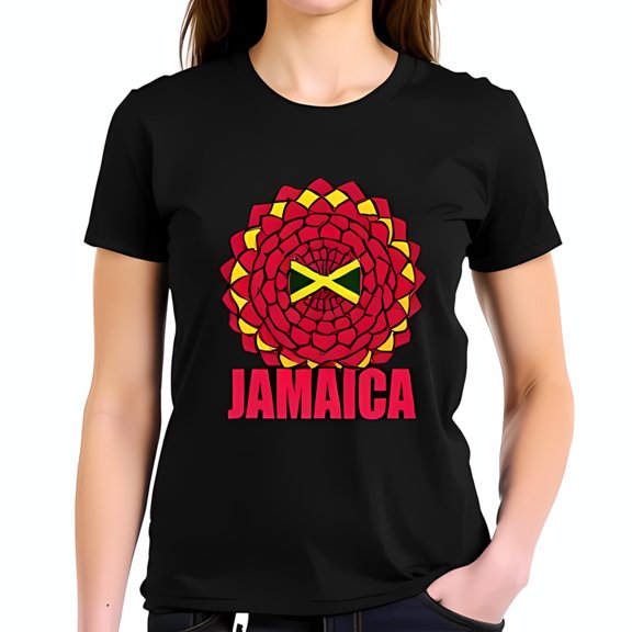 Stylish Black Cotton Short Sleeve T-Shirt with Red Floral & Jamaican Flag Design Bold 'JAMAICA' Print