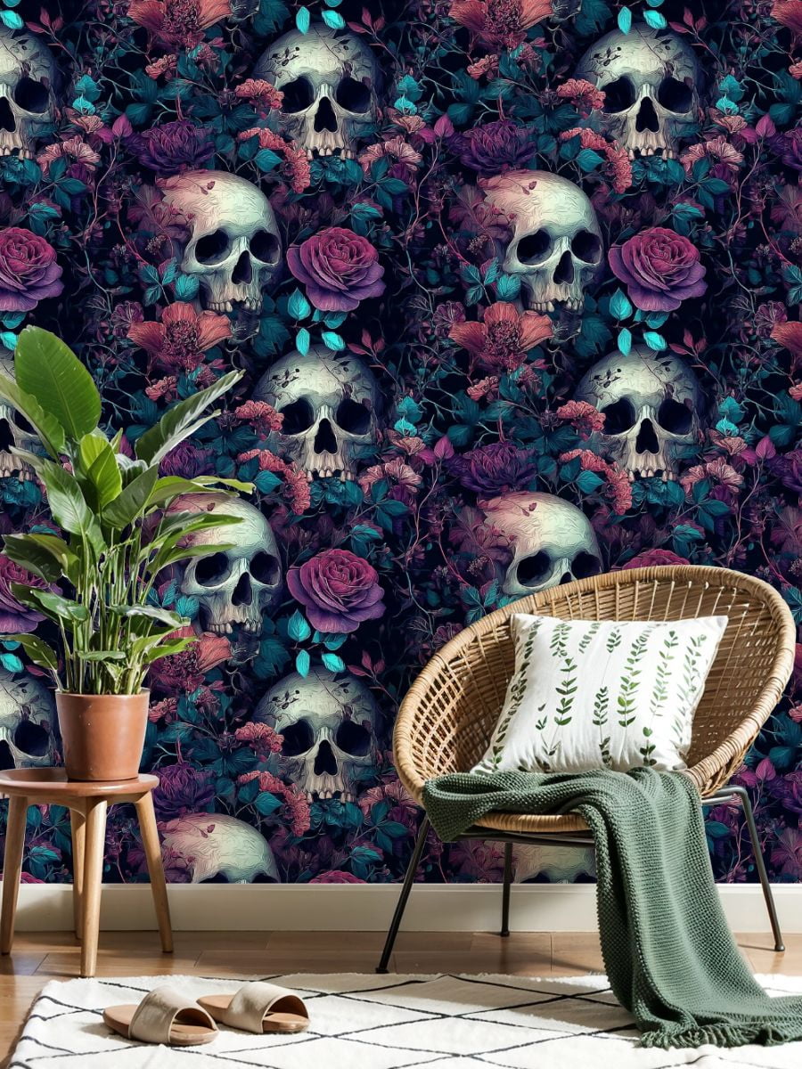 Vintage Peel and Stick Wallpaper 17.7in x 9.8ft Skulls Vibrant Floral Roses Leaves Contact Paper Vinyl Self-Adhesive Removable Wall Paper for Bedroom Kitchen Cabinet Décor Renter Friendly
