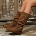 thumbnail image 3 of IEMIEMIEM Women's Low Heel Mid Calf Boots with Side Zipper Buckle Accent Flat Heel Faux Suede Slouchy Outdoor Footwear Casual Non-Slip Fall Winter Boots Brown 7.5 Wide, 3 of 6