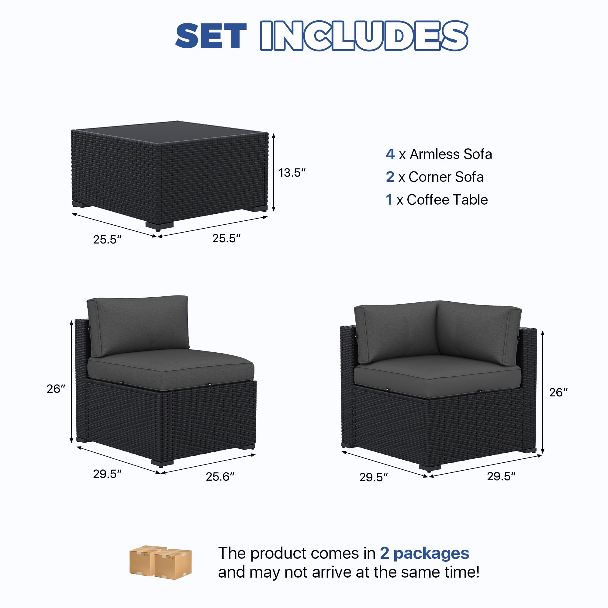 BaPiPro 7-Piece Outdoor Patio Furniture Set, Black Wicker Rattan Sectional Sofa with Dark Gray Cushions & Coffee Table, All-Weather for Backyard, Porch, Deck, Balcony