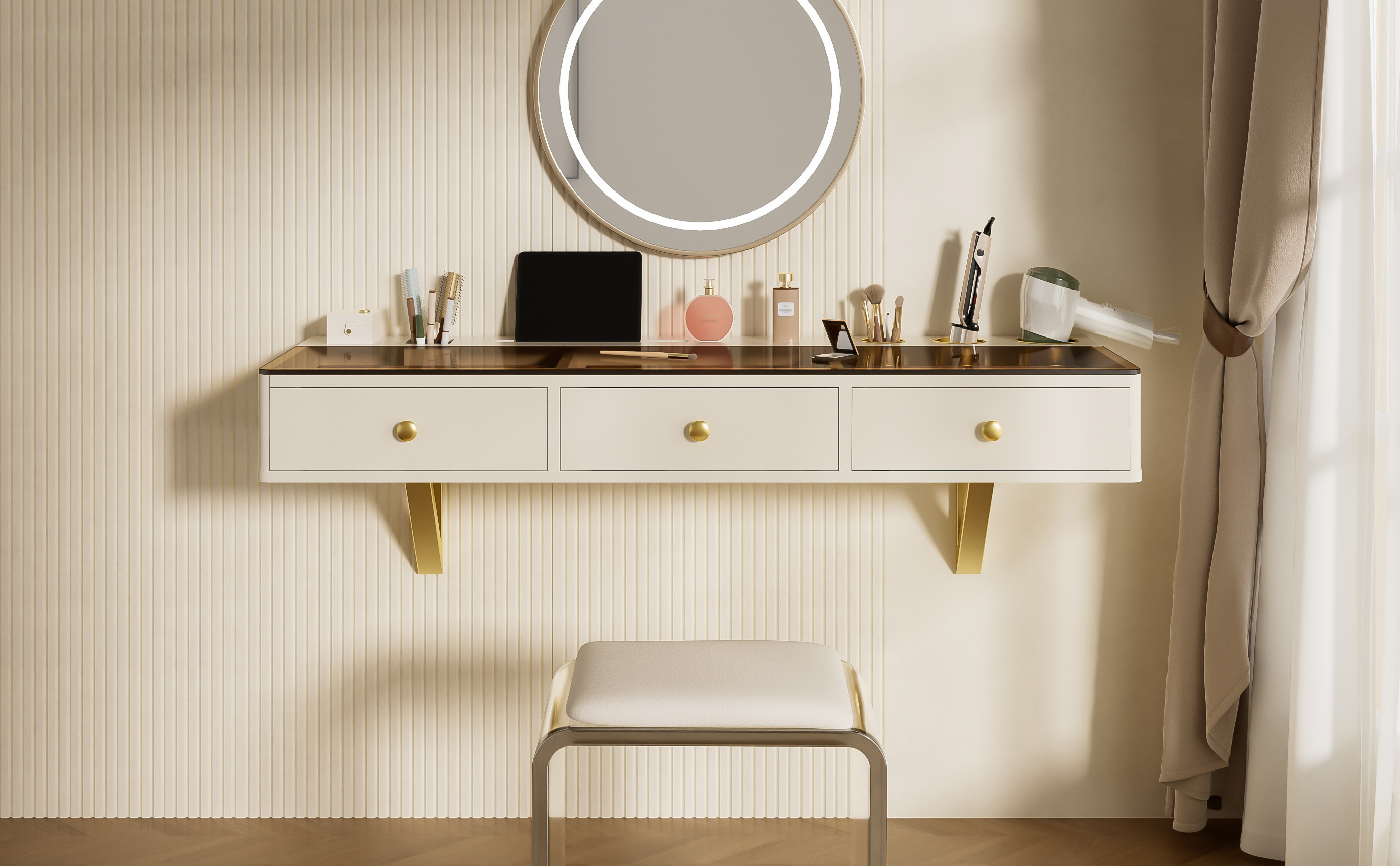 Euroco Wall-Mounted Multifunctional Vanity Table with Storage Drawers, Phone Holder & Black Glass Finish, Space-Saving Makeup Desk