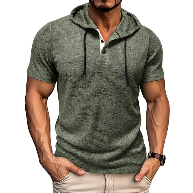 pstuiky camisetas de manga corta para hombre, Camiseta informal de manga corta con cuello redondo y botones de color liso para hombre camisetas de hombre xxl