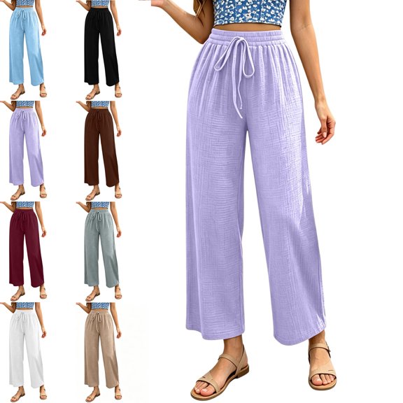 MLCDZ Womens Palazzo Pants Wide Leg Flowy Baggy Drawstring High Waisted Casual Breathable Trousers with Pockets Summer Beach Vacation Camping Hiking Pants