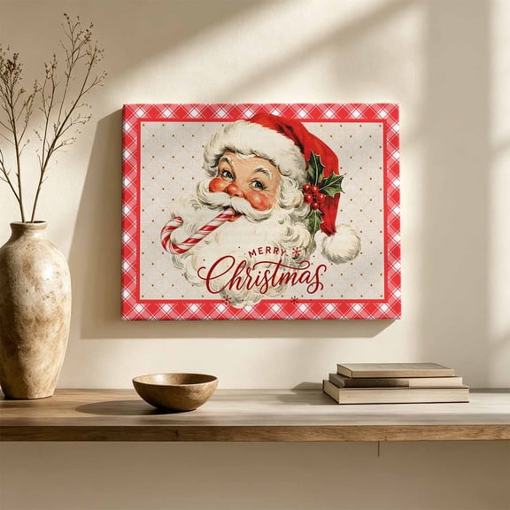 Vintage Santa Claus Canvas Wall Art, Christmas Winter Cane Red Plaid Border Wall Art Prints Artwork Framed Canvas Ready to Hang Art Pictures for Living Dining Room Bedroom Hallway 30" x 20"