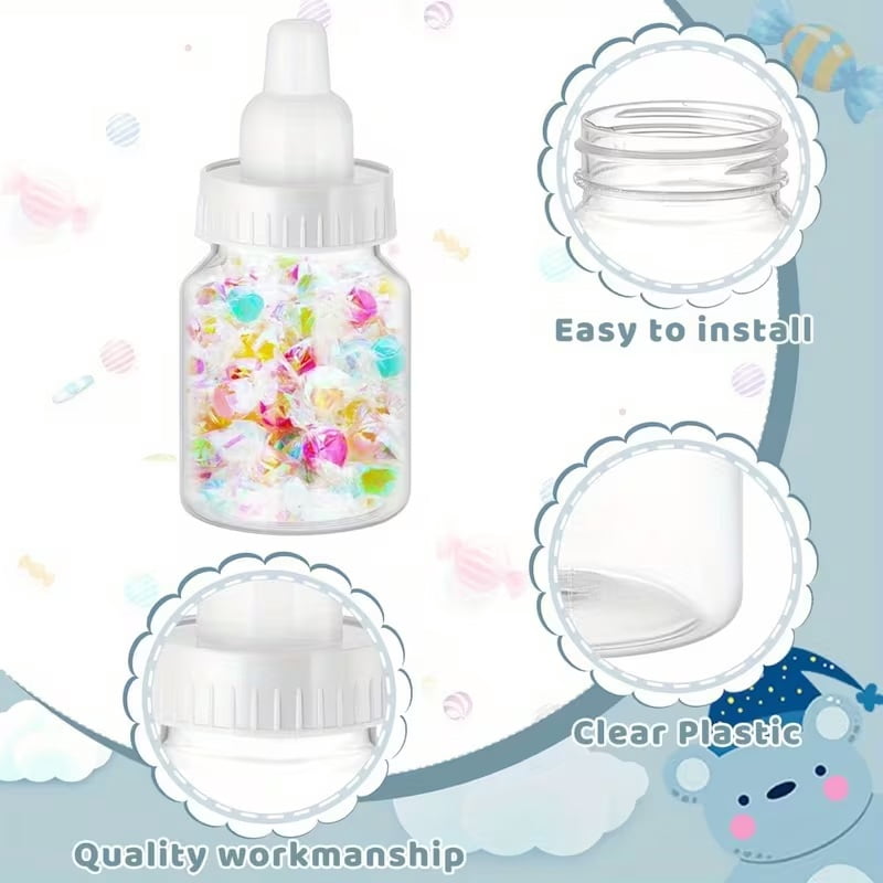34pcs 3.5-inch Clear Plastic Mini Bottles for Baby Baptism Party - Elegant Candy Boxes with White Lids for Baby Shower Favors & Decorations