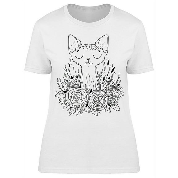 Sphynx Cat Roses Flowers Sketch T-Shirt Women -Image by Shutterstock, Female x-Large