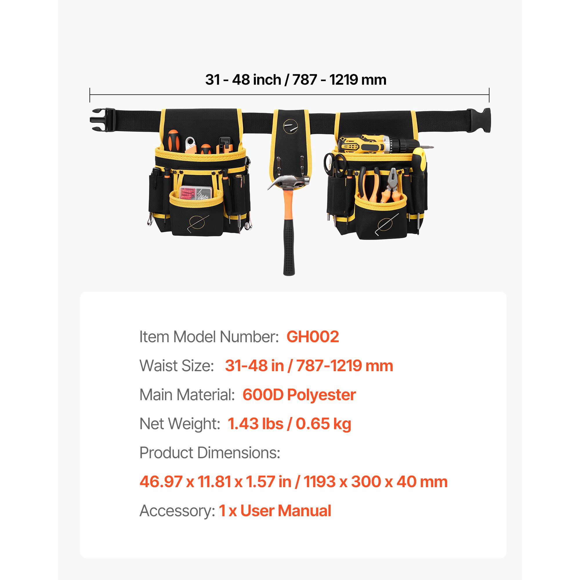 Tool Belt 28-Pockets, 600D Polyester Framers Belt with 3 Magnet Zones, Adjustable Waist 31-48 Inch, Abrasion and Tear-Resistant, Heavy-Duty for Carpentry and Construction