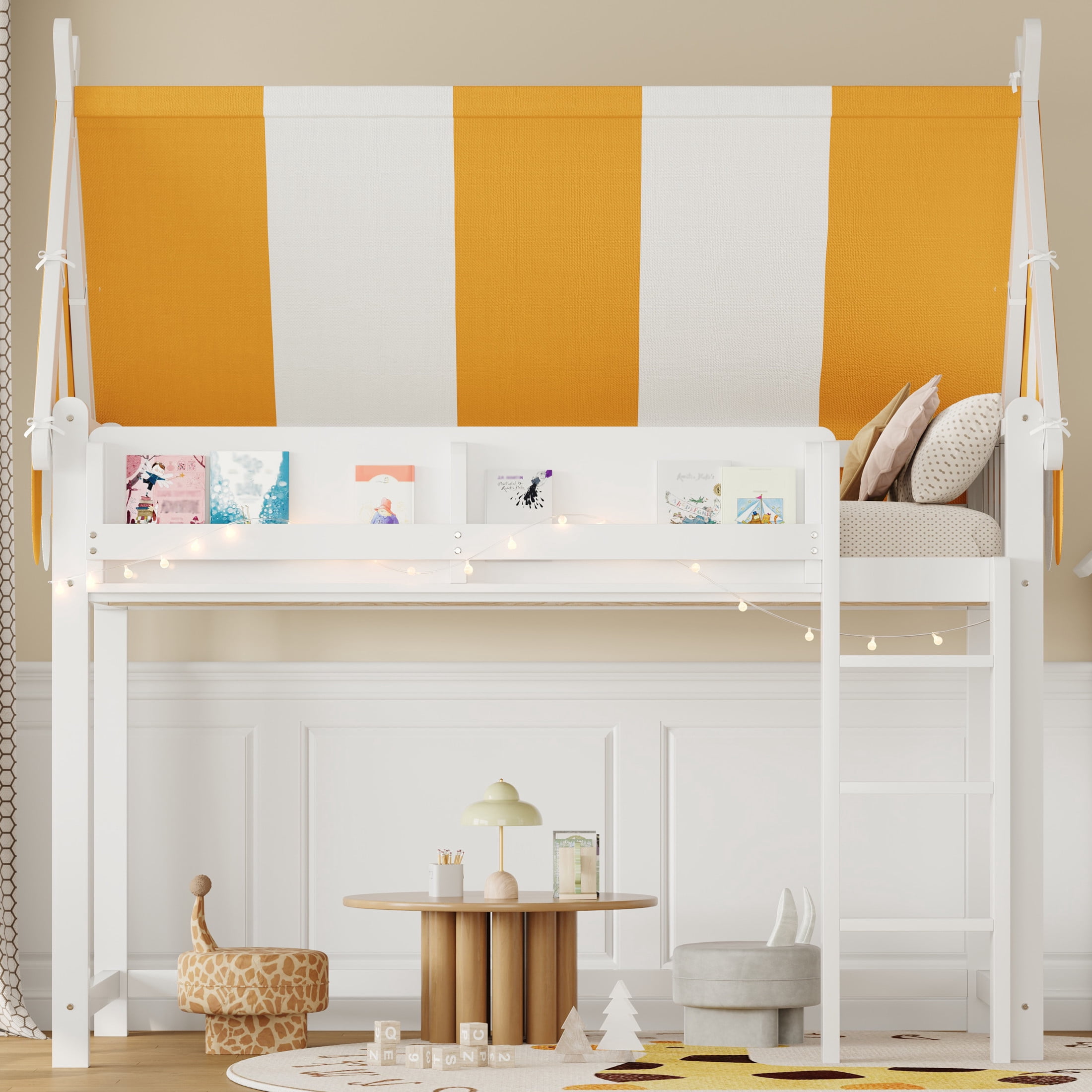 Noble House Sidney Twin Size Loft Bed with Canopy and LED Lights, Wood Loft Bed with Bookshelf, Playful Design, White